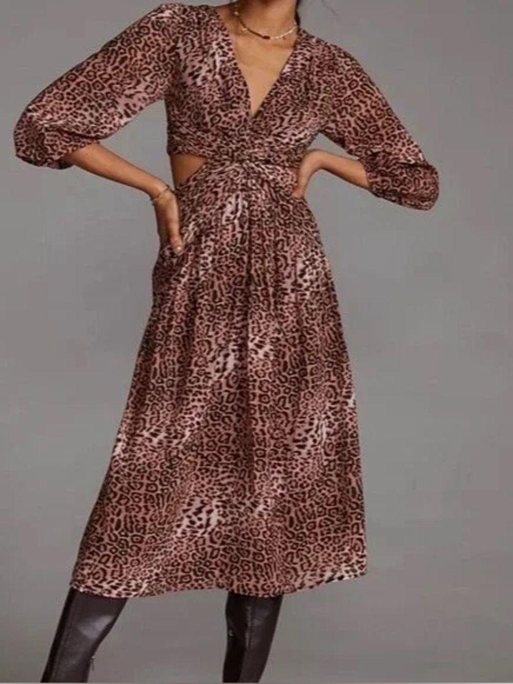 Ranna Gill x Anthropologie Animal Leopard Print Cutout Midi Dress Long Sleeve S